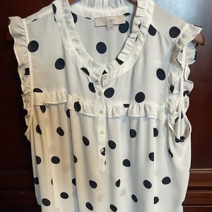 The Loft.  White ruffle top with blue polka dots.  XXL